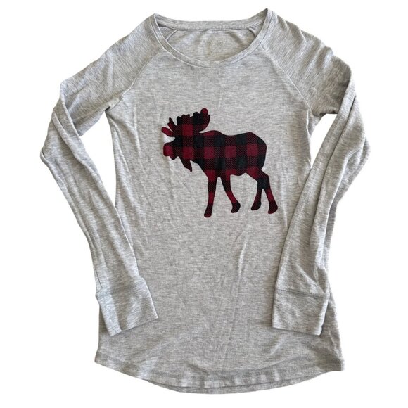 Moose Plaid Graphic Long Sleeve Womens Shirt In Gray - Picture 1 of 6